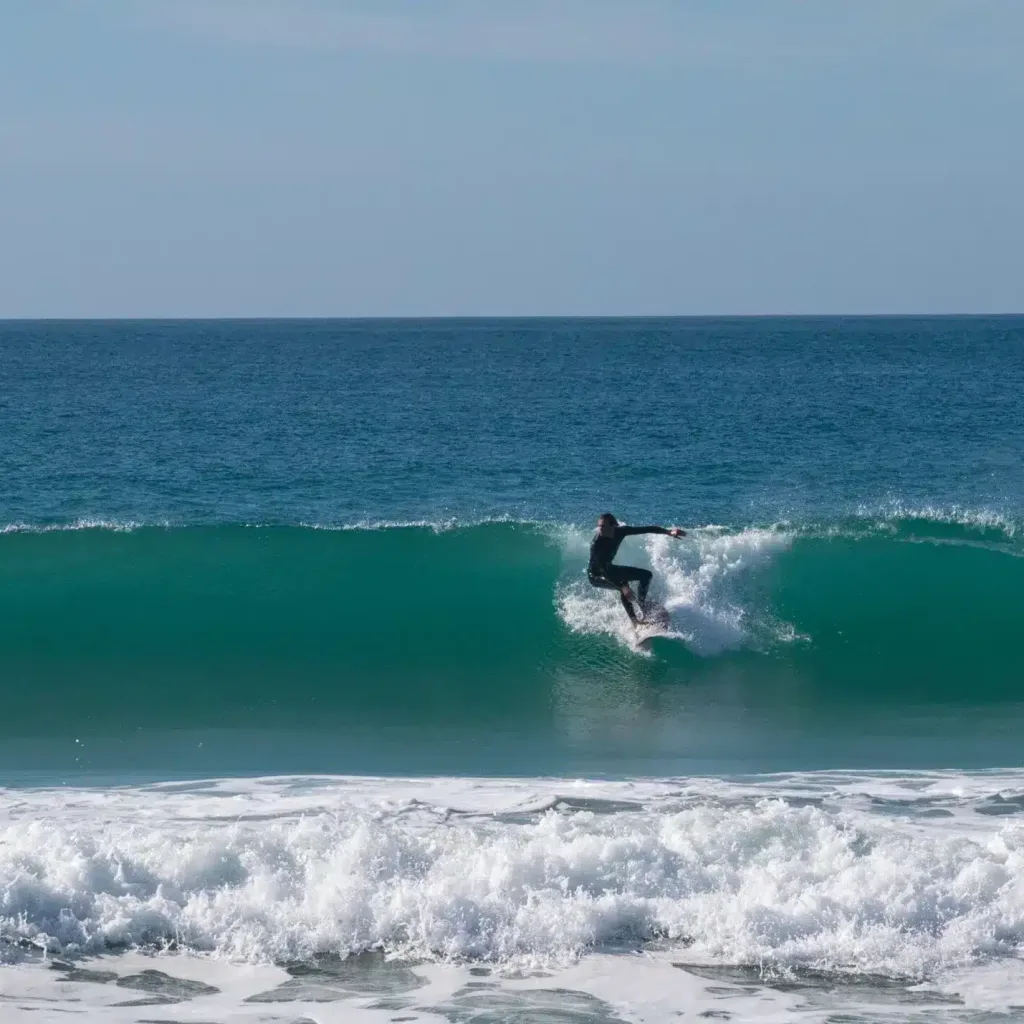 Young surfer riding perfect surf wave at the beach